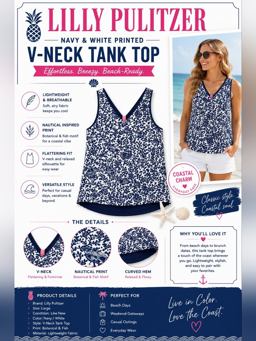 Lilly Pulitzer Navy & White V-Neck Tank Top